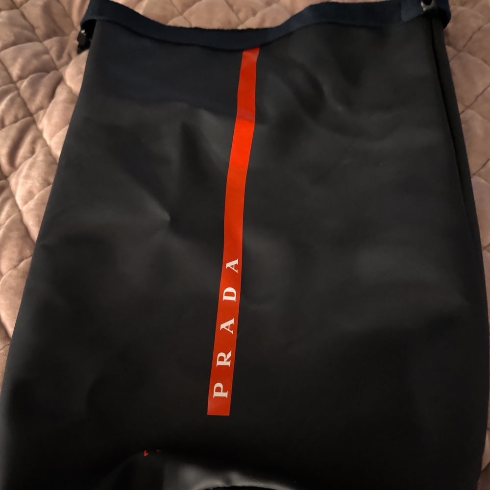 Prada Black Tote with Red Vertical Logo Stripe